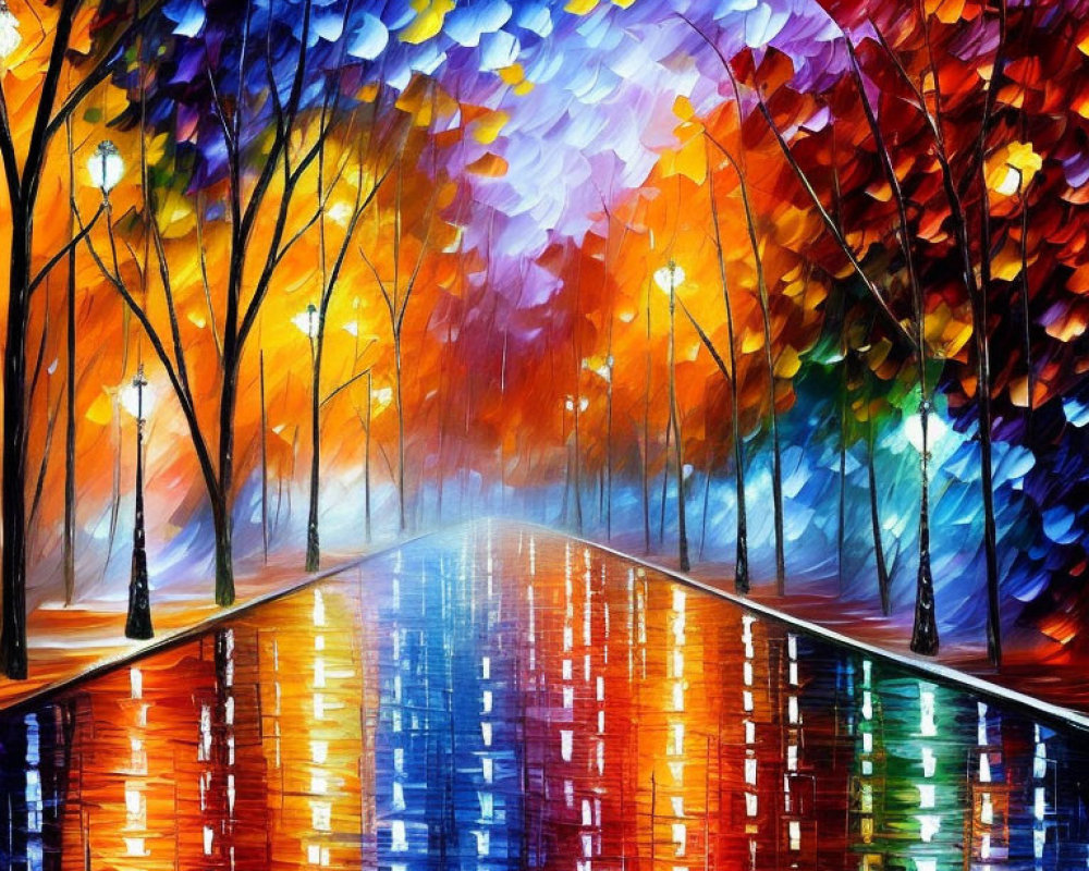 Colorful Impressionistic Tree-Lined Path Painting with Evening Reflections