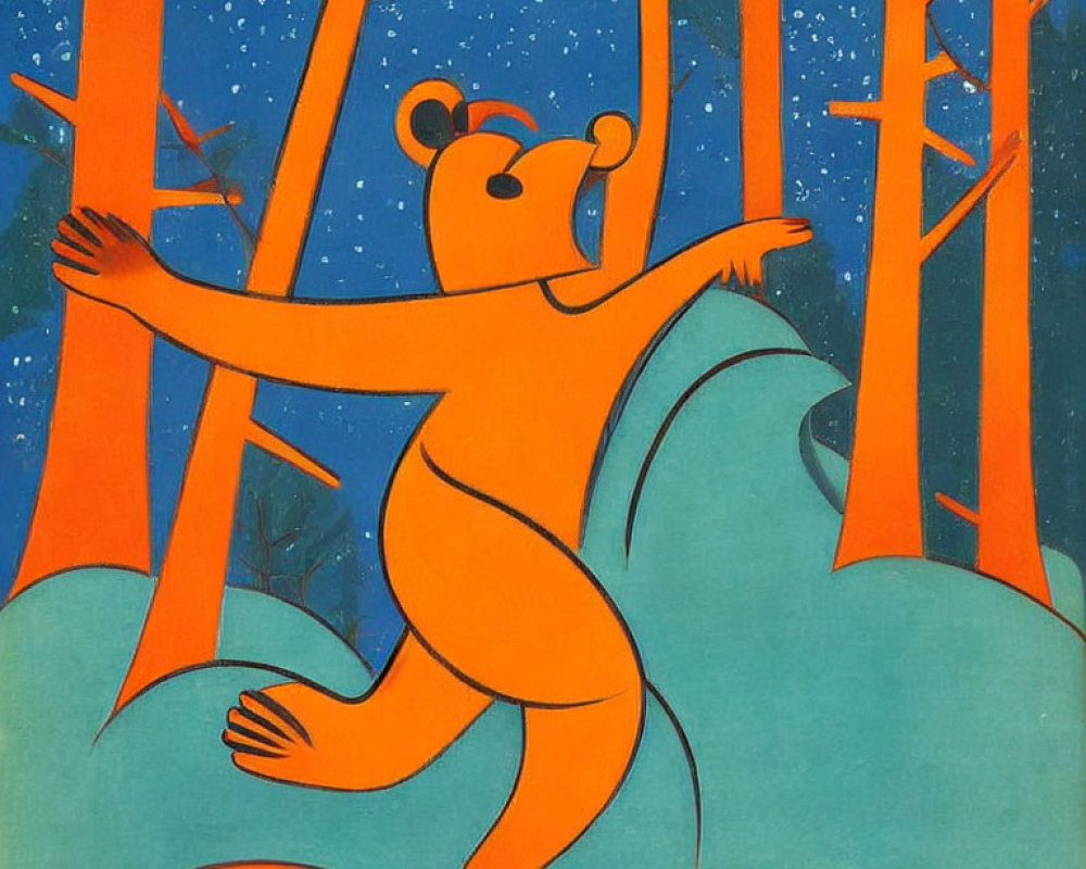 Anthropomorphic bear dancing in stylized forest with orange and blue tones