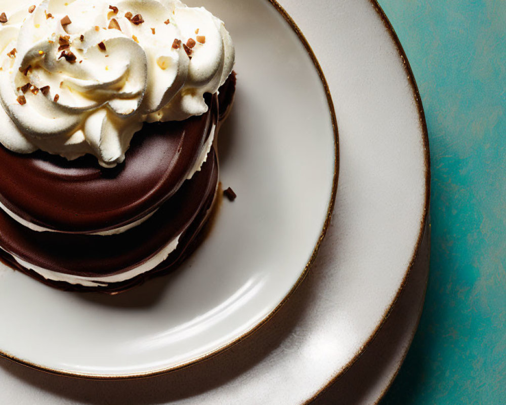 Chocolate Pancakes with Whipped Cream and Chocolate Sprinkles on White Plate