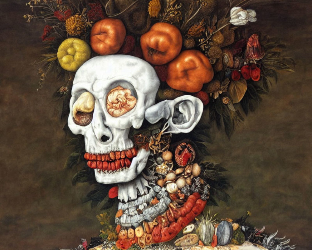 Still life artwork: Skull made of fruits, vegetables, and flowers symbolizing life's impermanence