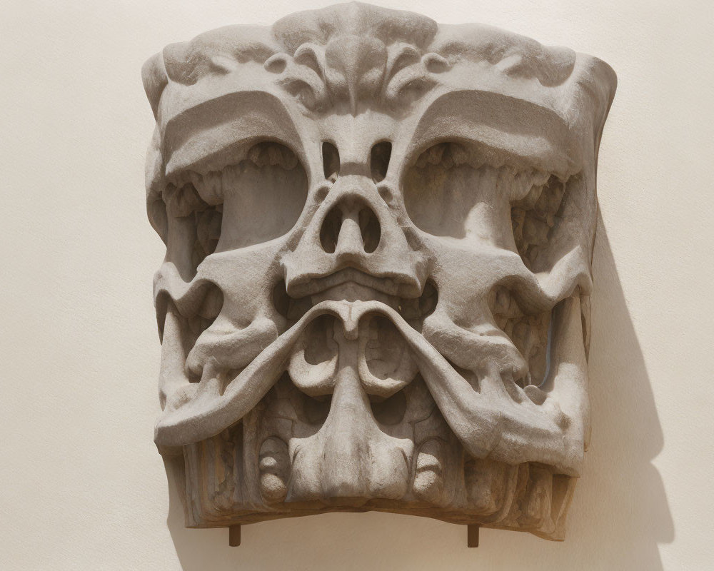 Symmetrical Stone Carving with Mask-like Figure and Foliage Design