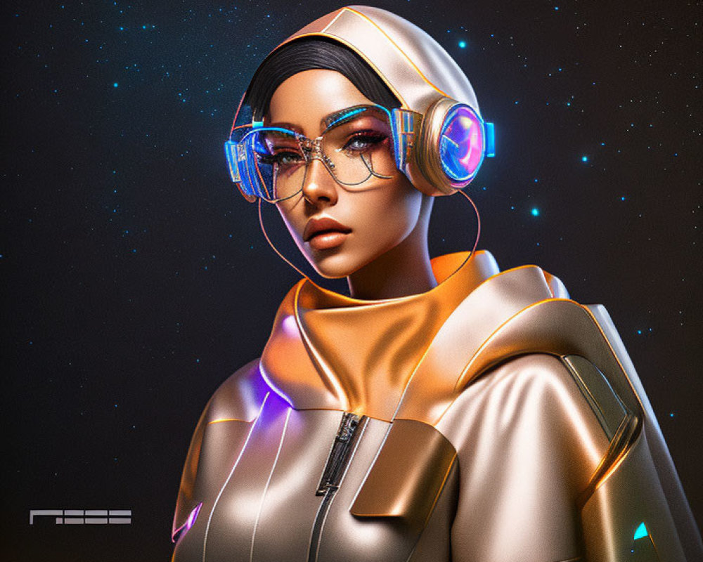 Futuristic woman in glowing headphones and glasses in stylish spacesuit on starry background