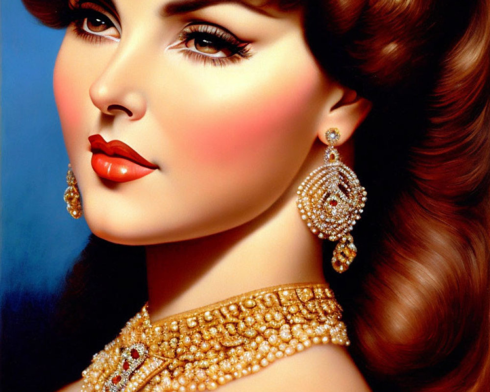 Illustrated portrait of woman with voluminous brown hair, red lips, and golden jewelry exuding vintage