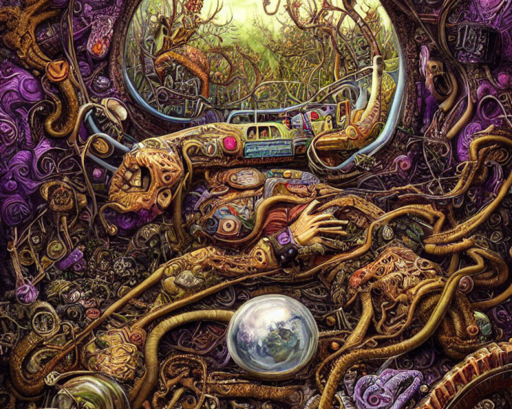 Surreal landscape through ornate portal with organic and mechanical fusion