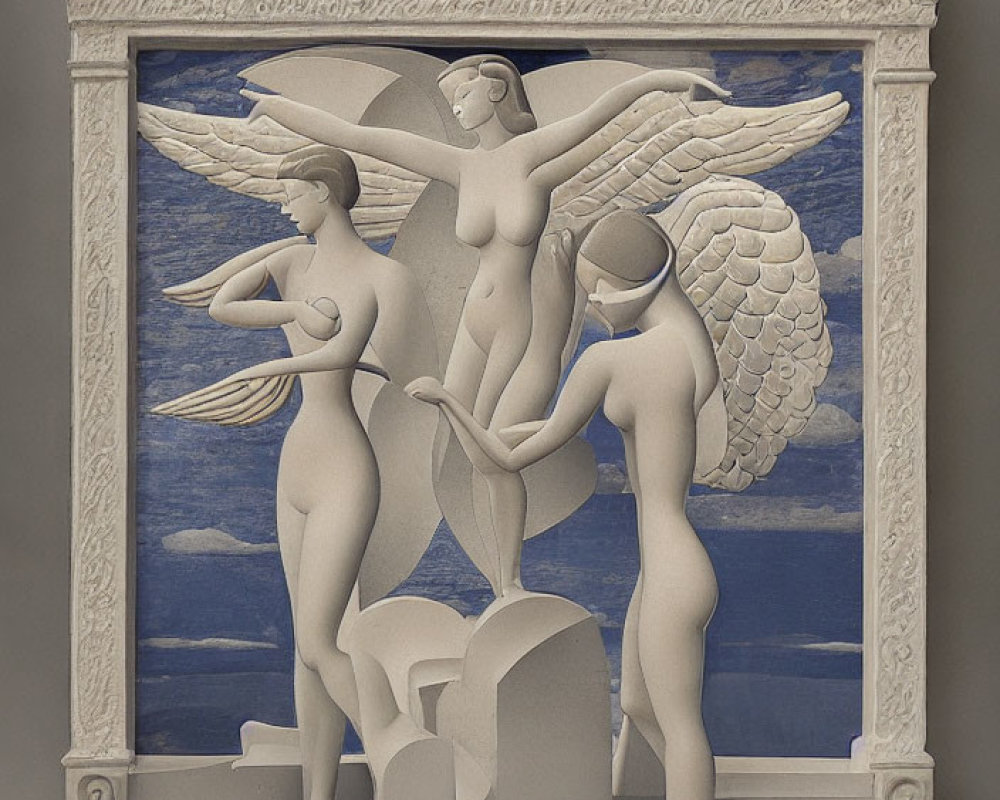 Sculptural relief of three winged figures on blue backdrop