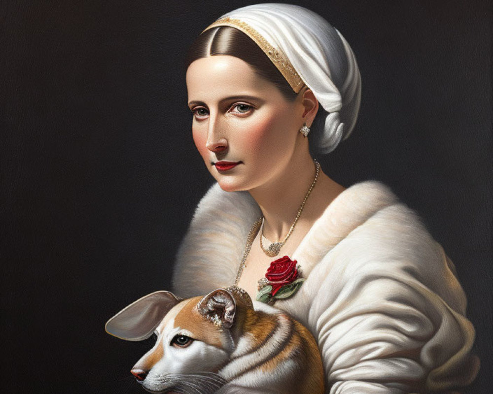 Serene woman in headscarf holding fawn with rose collar