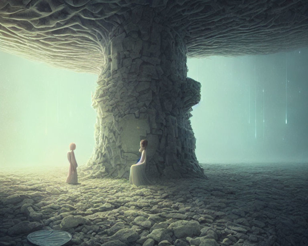 Surreal landscape with figures under massive mushroom rock