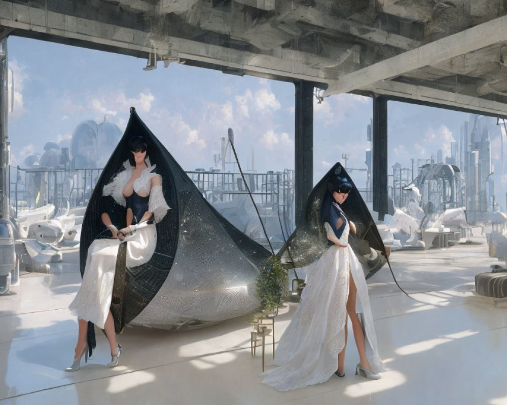 Two women in futuristic white dresses in modern space with cityscape view