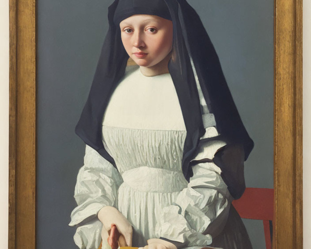 Nun in habit slicing fruit with knife