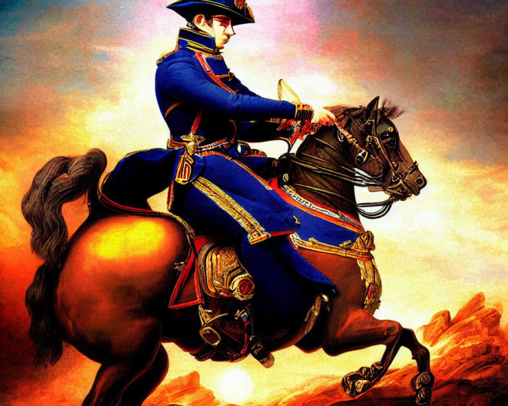 Military Figure in Blue Uniform on Rearing Horse Under Sunset Sky