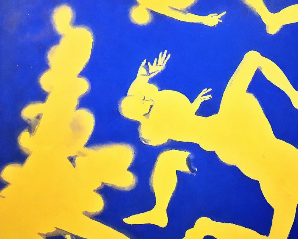 Abstract Painting: Yellow Human Silhouettes on Blue Background