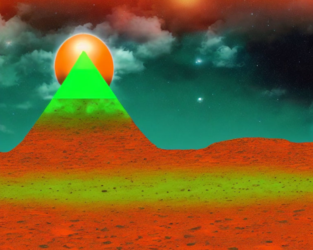 Surreal landscape with orange pyramids under starry sky and giant green orb