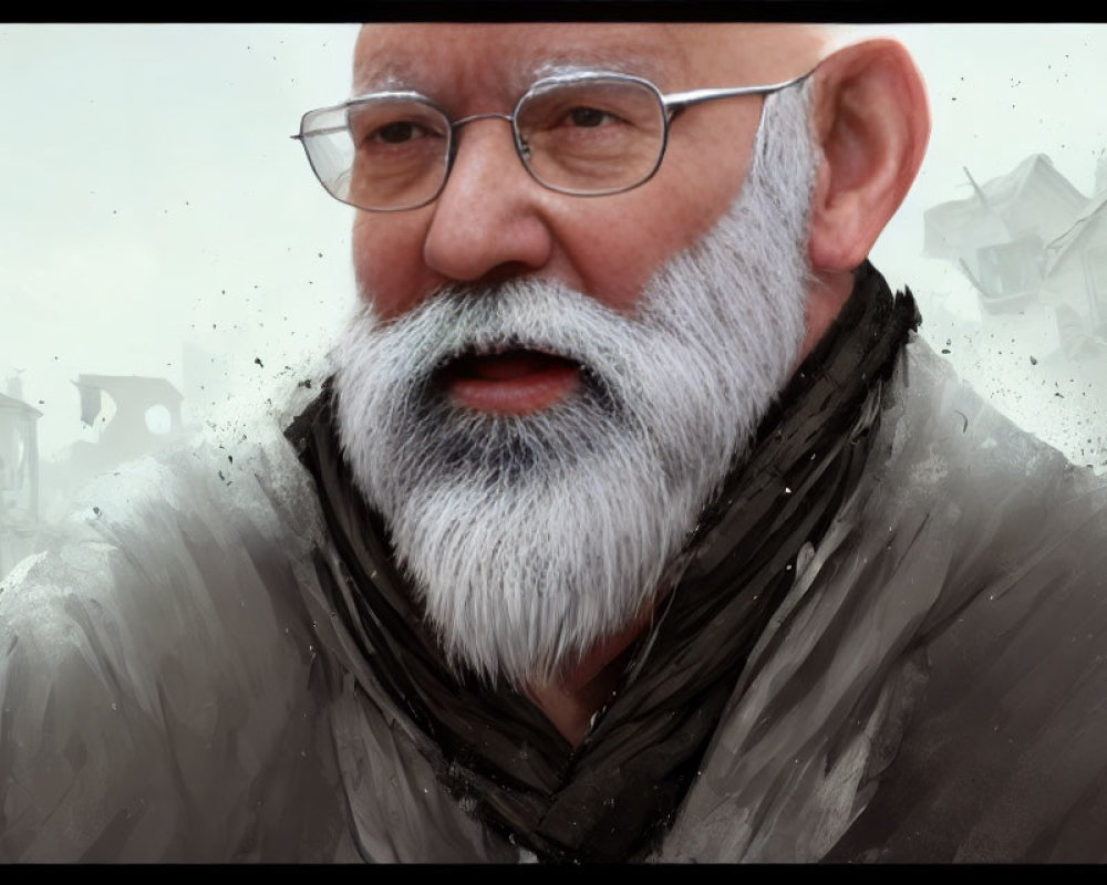 Elder Man with White Beard, Glasses, and Scarf in Misty Background