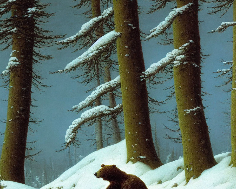 Winter Forest Scene: Snow-Covered Trees, Brown Bear Walking