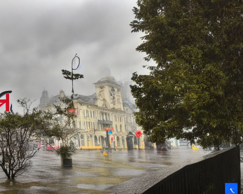 Rainy day scene with UK flag, vintage buildings, green trees, wet streets.