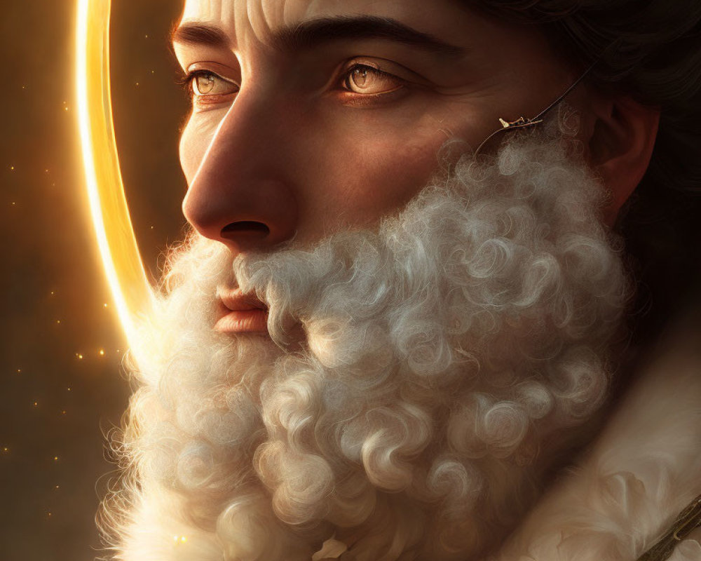 Portrait of a pensive man with white beard and halo in classical attire