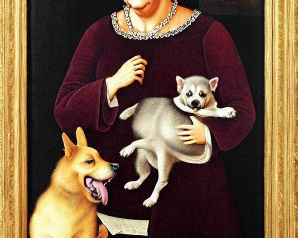 Smiling woman in burgundy outfit with dogs on dark background