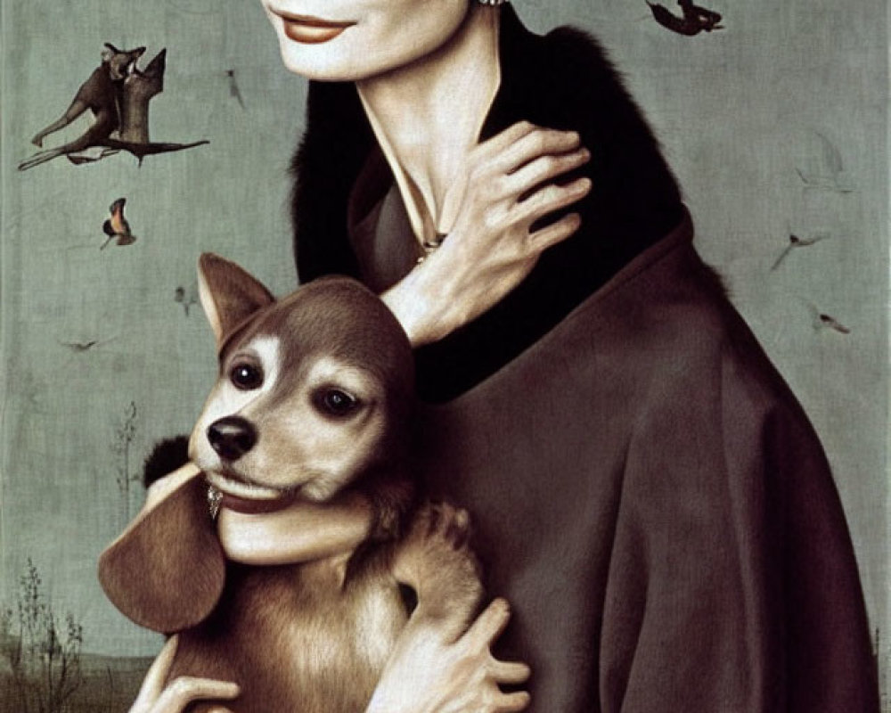 Stylized portrait of woman with elongated neck holding small dog