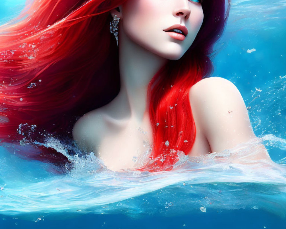 Illustration: Woman with flowing red hair and blue eyes emerging from water