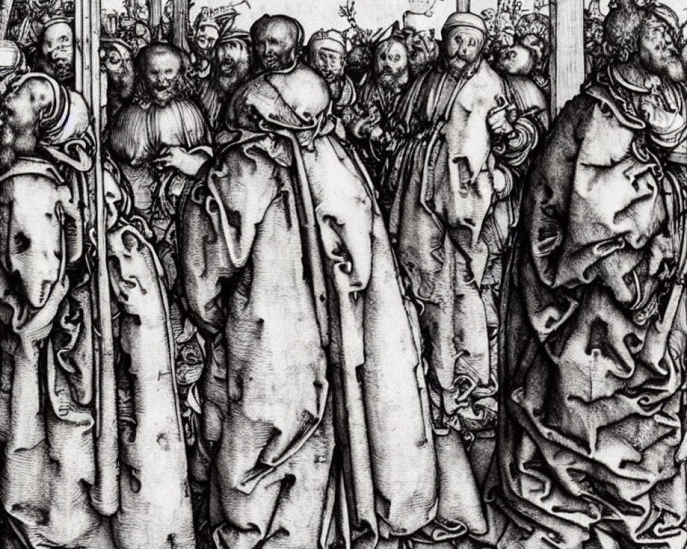 Detailed Black and White Etching of Elaborately Dressed Crowd