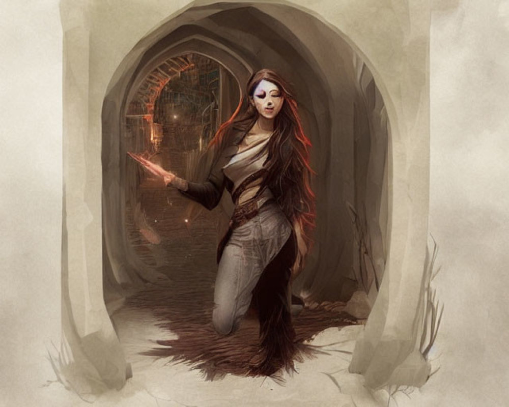 Medieval woman with red hair in arched tunnel with glowing hand