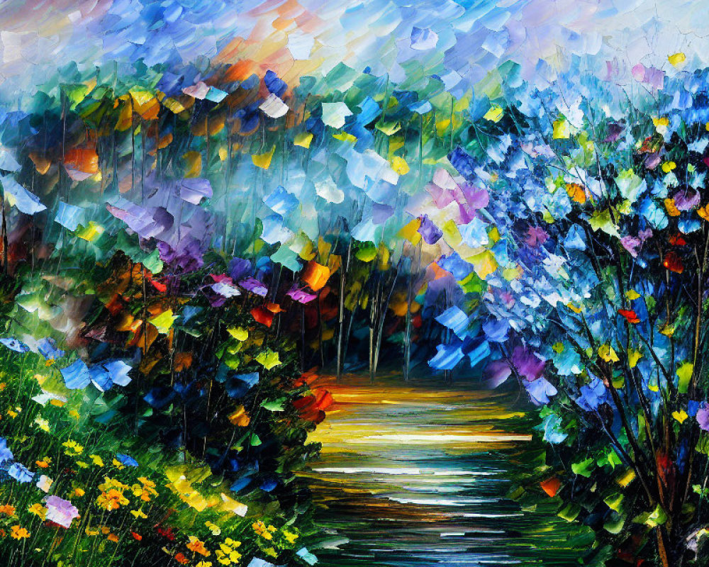 Vibrant garden path painting with lush flowers and sunlight