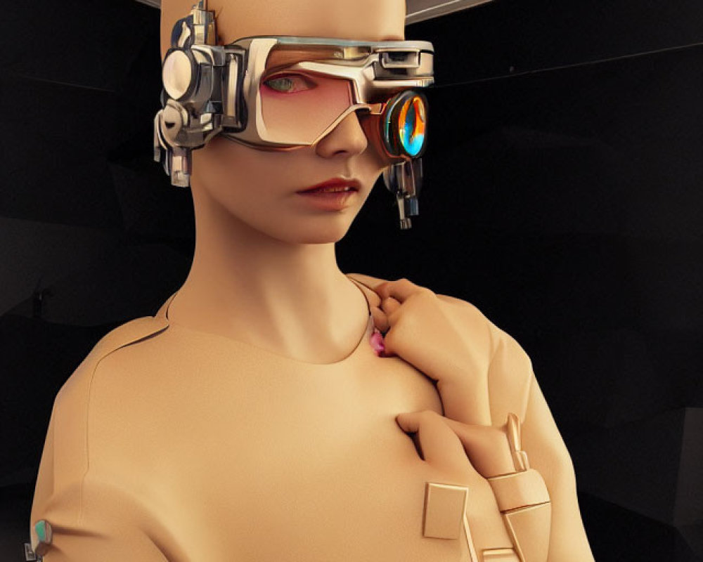 Futuristic female figure in beige bodysuit with advanced headgear