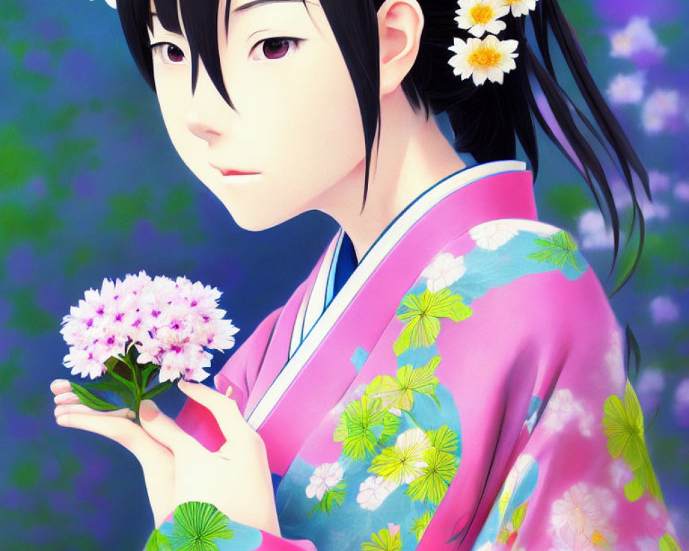 Anime-style girl in floral kimono with pink flower in flower-filled backdrop.