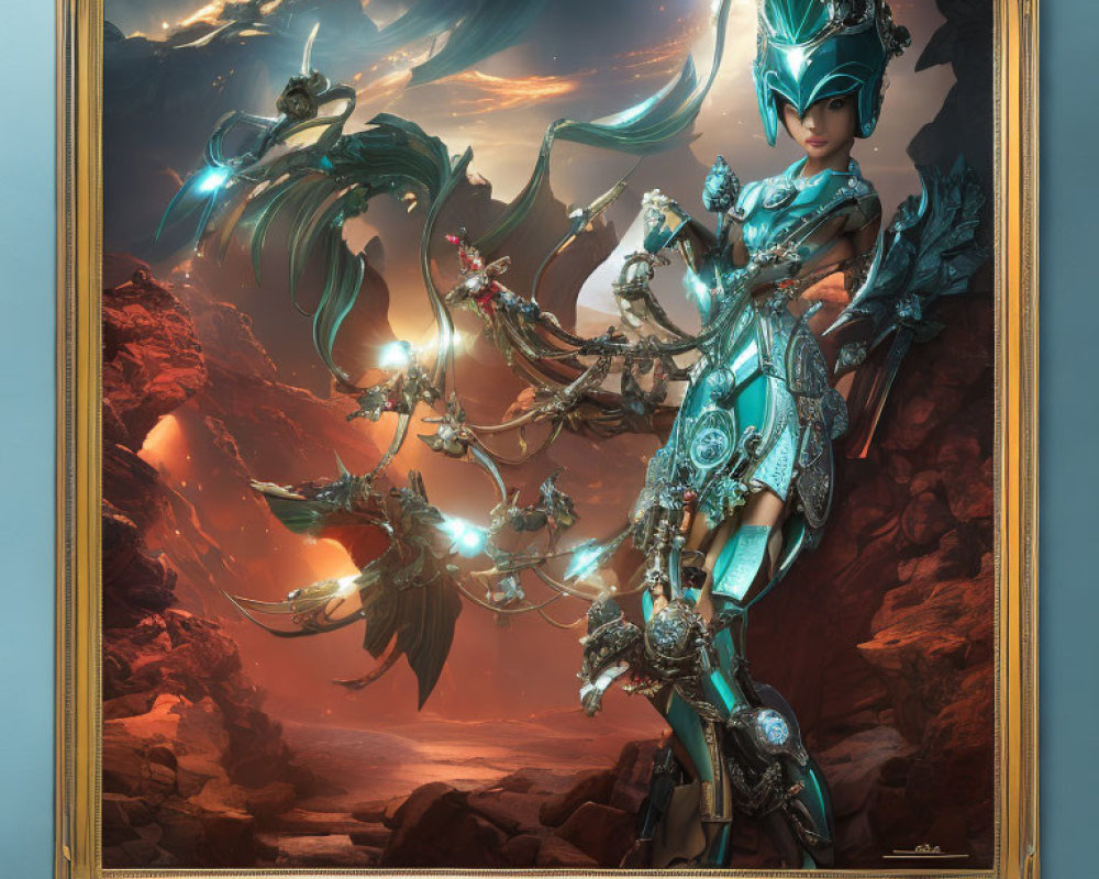 Female warrior in blue-silver armor with spear, dragons, and fiery sky