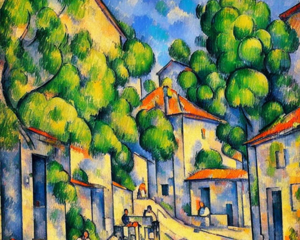 Colorful oil painting of a charming town scene with vibrant houses, lush trees, and people outdoors.