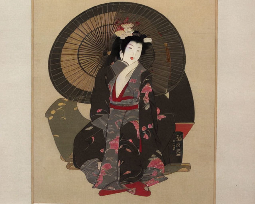 Traditional Japanese Geisha Artwork Featuring Kimono and Fan