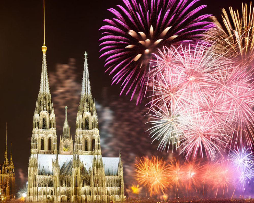 Colorful fireworks over Cologne Cathedral at night