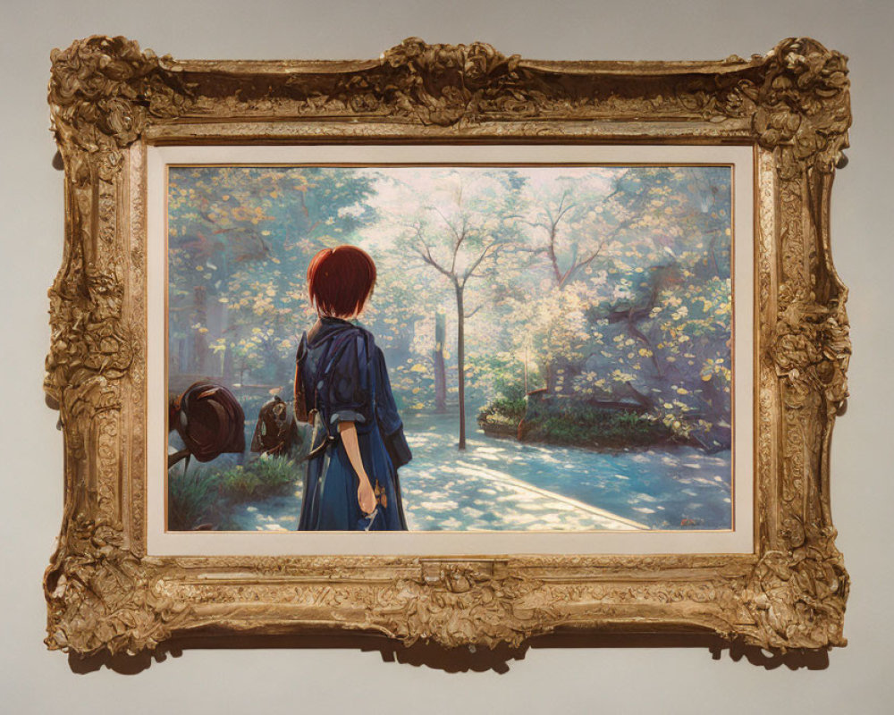 Red-haired person in blue outfit gazes at sunlit forest clearing