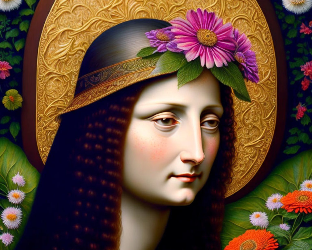 Digital artwork: Woman with flower crown and ornate halo in lush floral setting