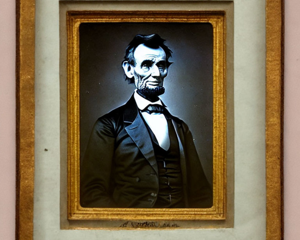 Vintage portrait of bearded man in black suit and bow tie in pink-walled setting