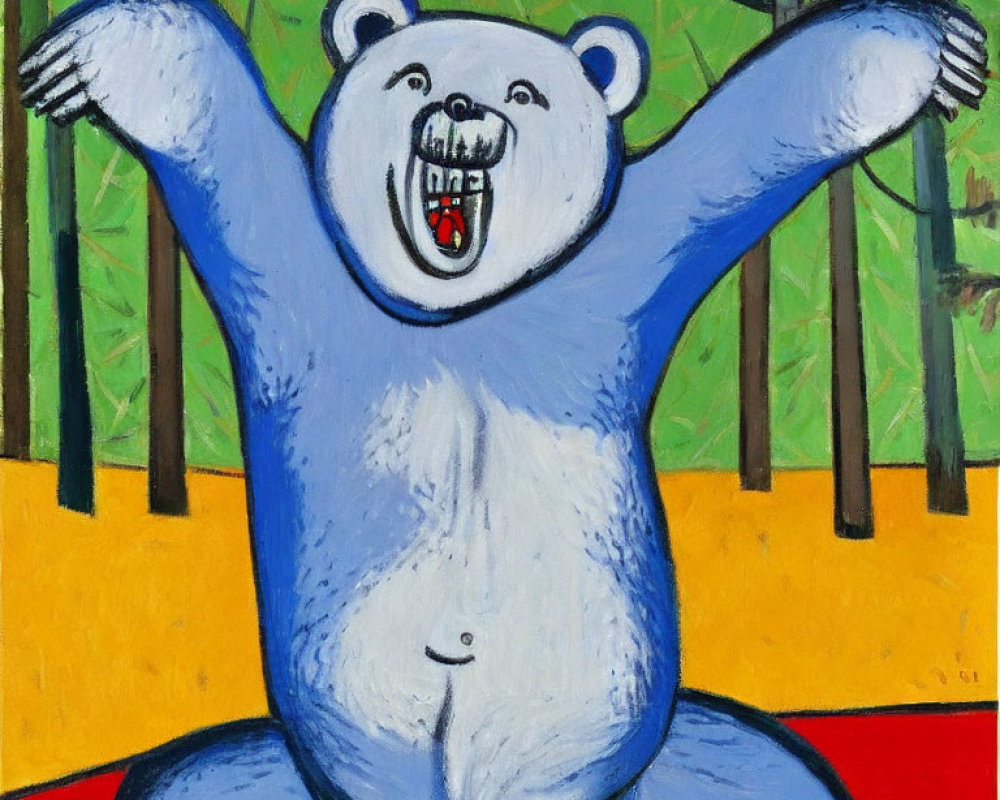 Cartoonish blue bear painting in nature scene