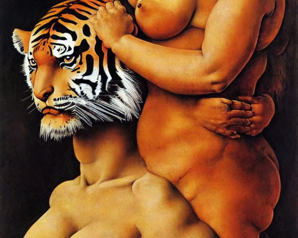 Surreal painting: Tiger-headed figure with limbless person in dark setting