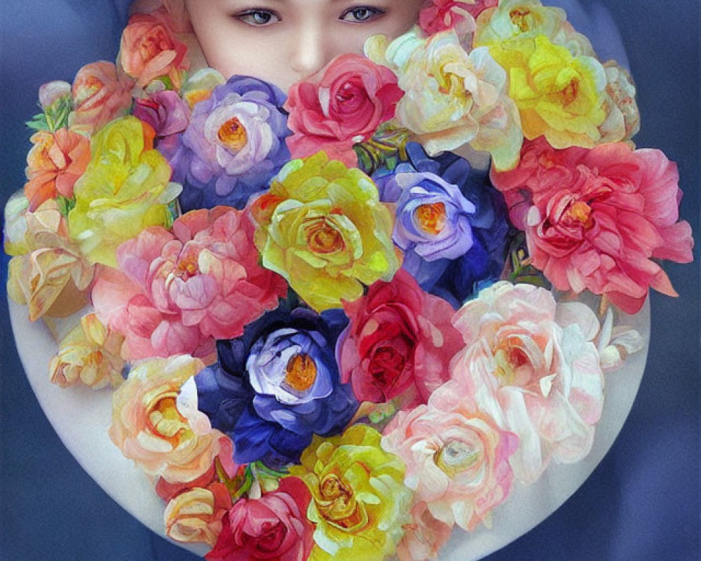 Child's Face Surrounded by Multicolored Flowers on Blue Fabric