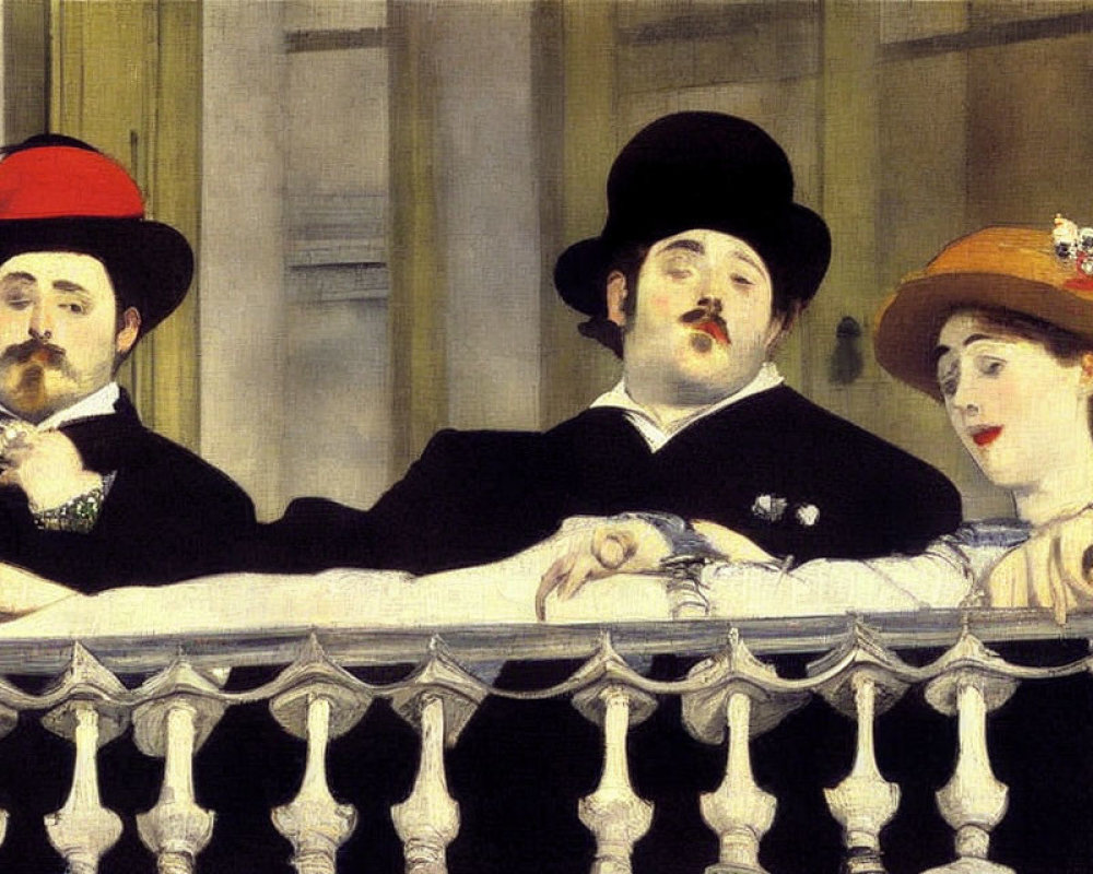 Late 19th Century Trio in Elegant Attire on Balcony Railing