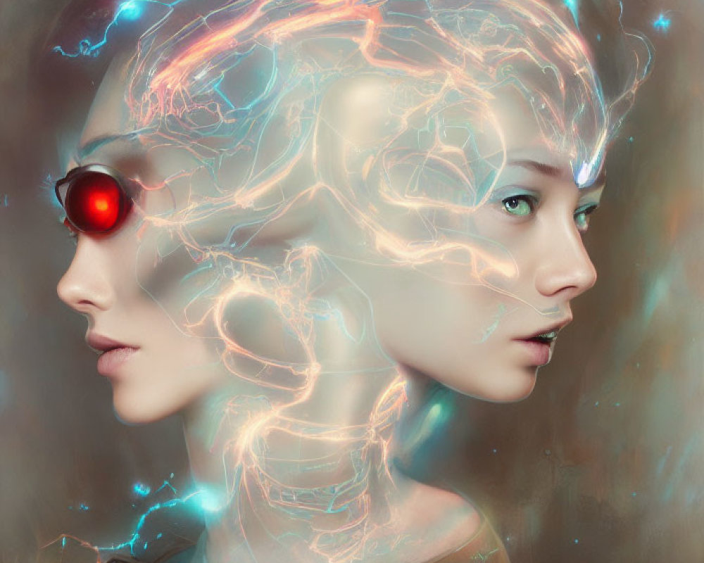 Two female faces in profile with luminous, electric vein-like patterns, one featuring a red cybernet