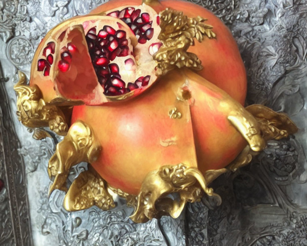 Gold-Painted Pomegranate Decor with Lion Heads on Patterned Background