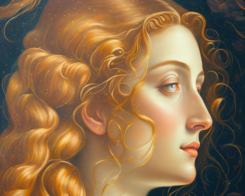 Profile of woman with golden hair on dark background