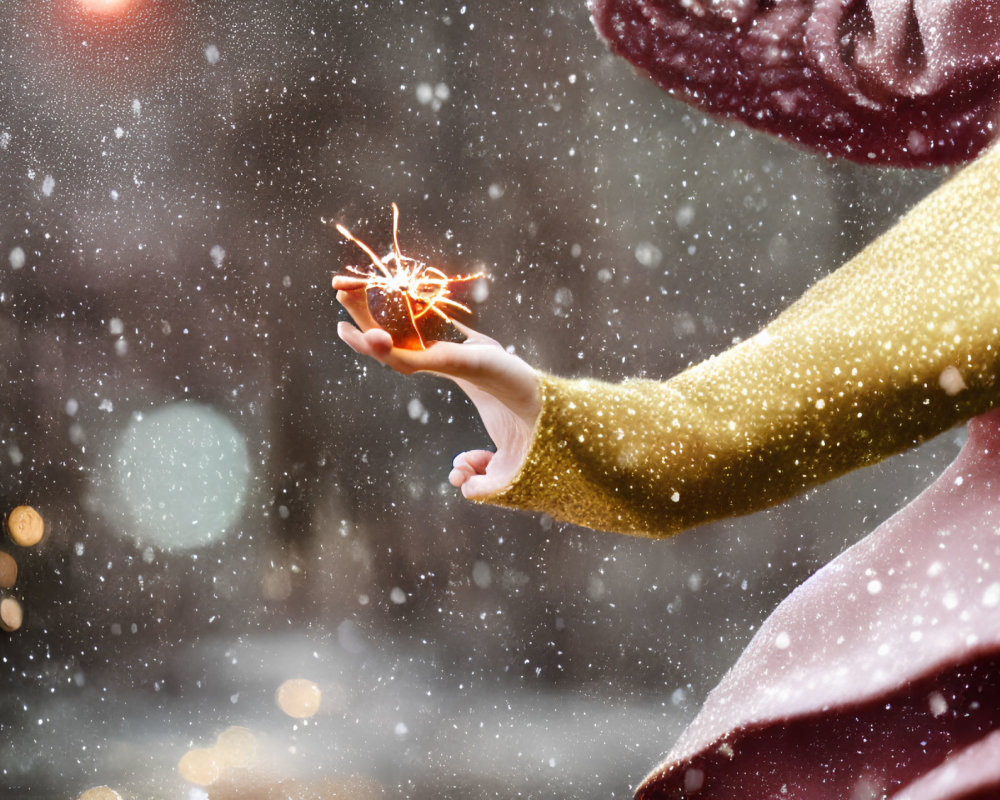 Person holding sparkling light in falling snowflakes.