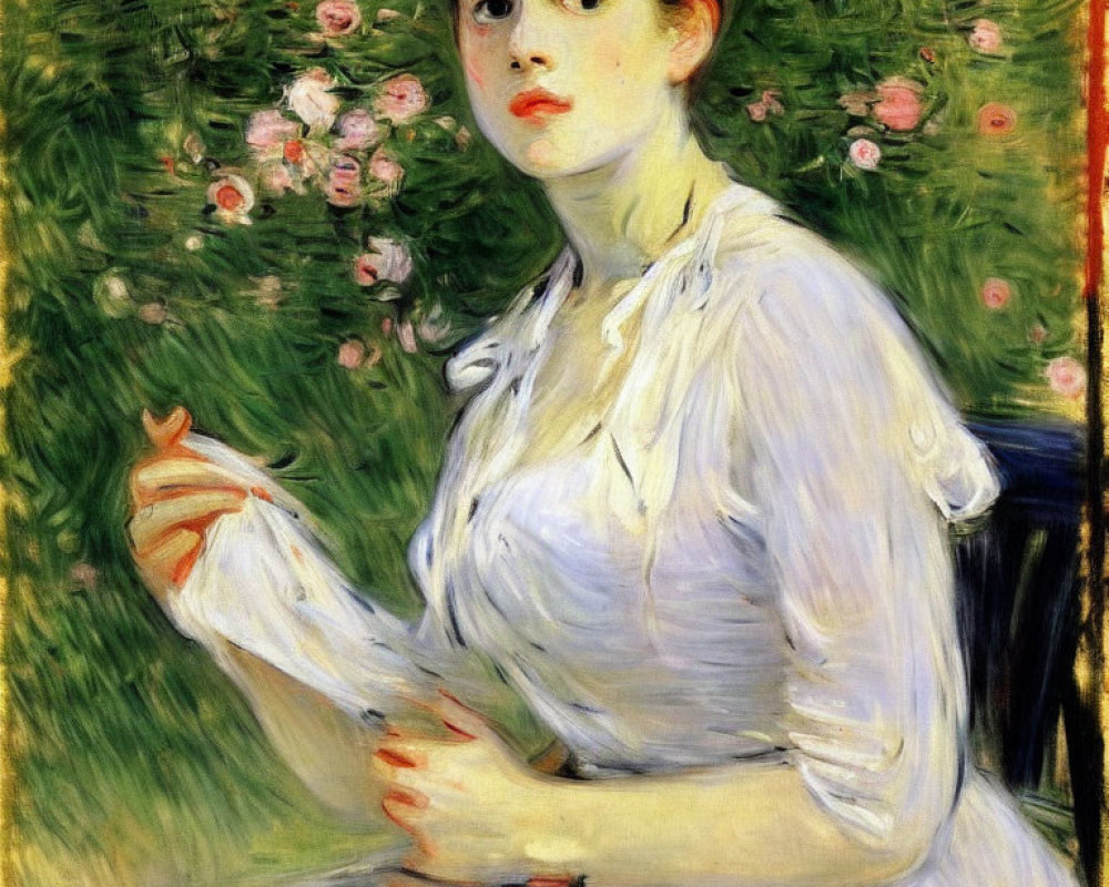 Portrait of Young Woman in White Blouse Surrounded by Green Foliage and Pink Flowers