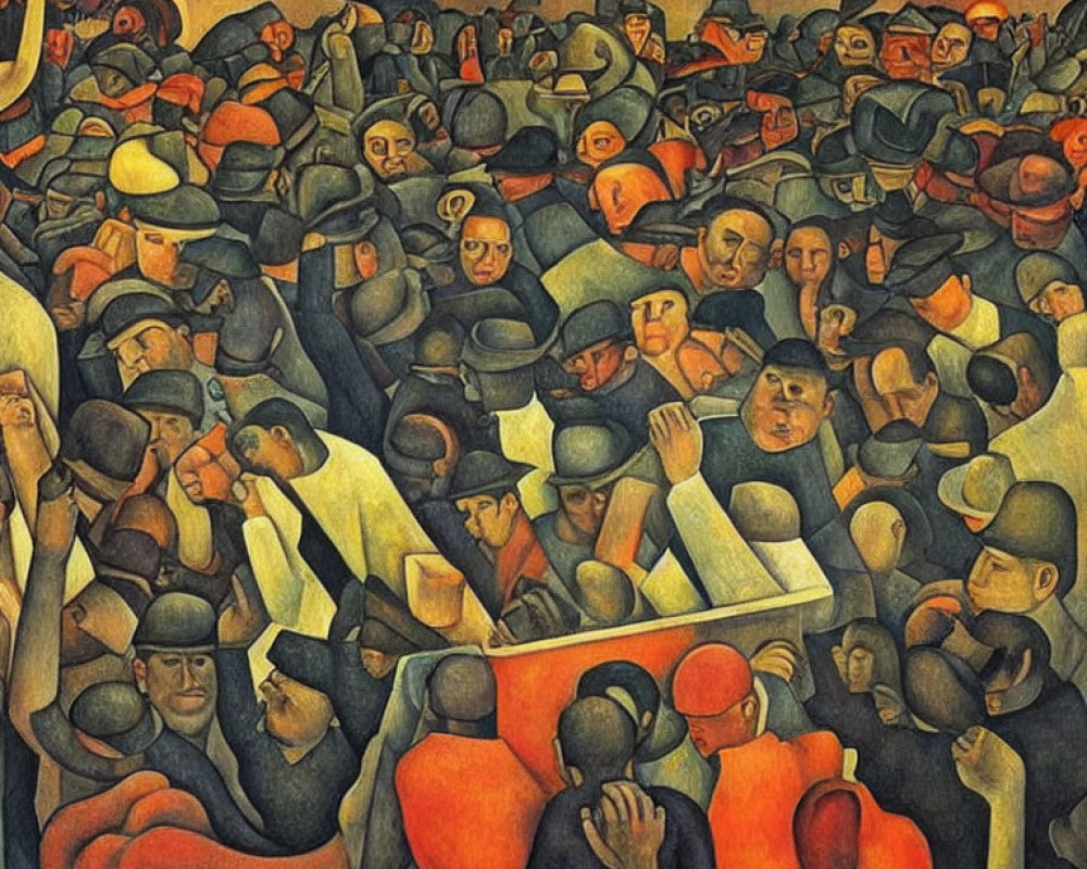 Earth-toned faceless figures in a dense crowd illustration.