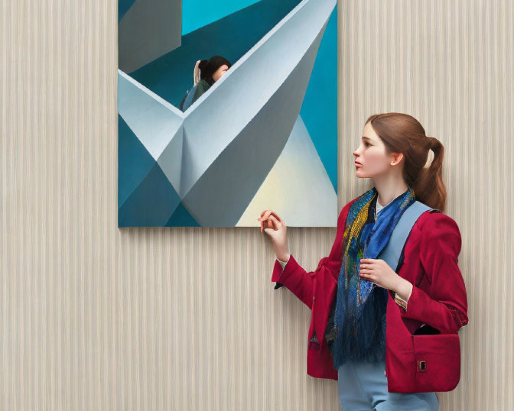 Woman in red jacket gazes at surreal canvas with person in paper boat