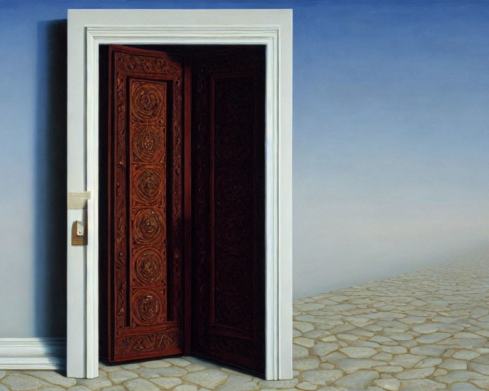 Ornate Wooden Door Ajar Revealing Surreal Landscape