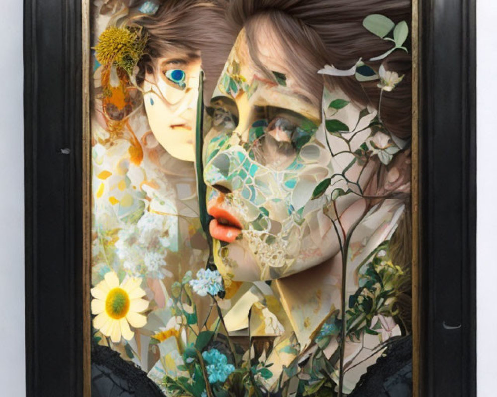 Layered Artwork: Fragmented Faces with Floral Elements in Black Frame