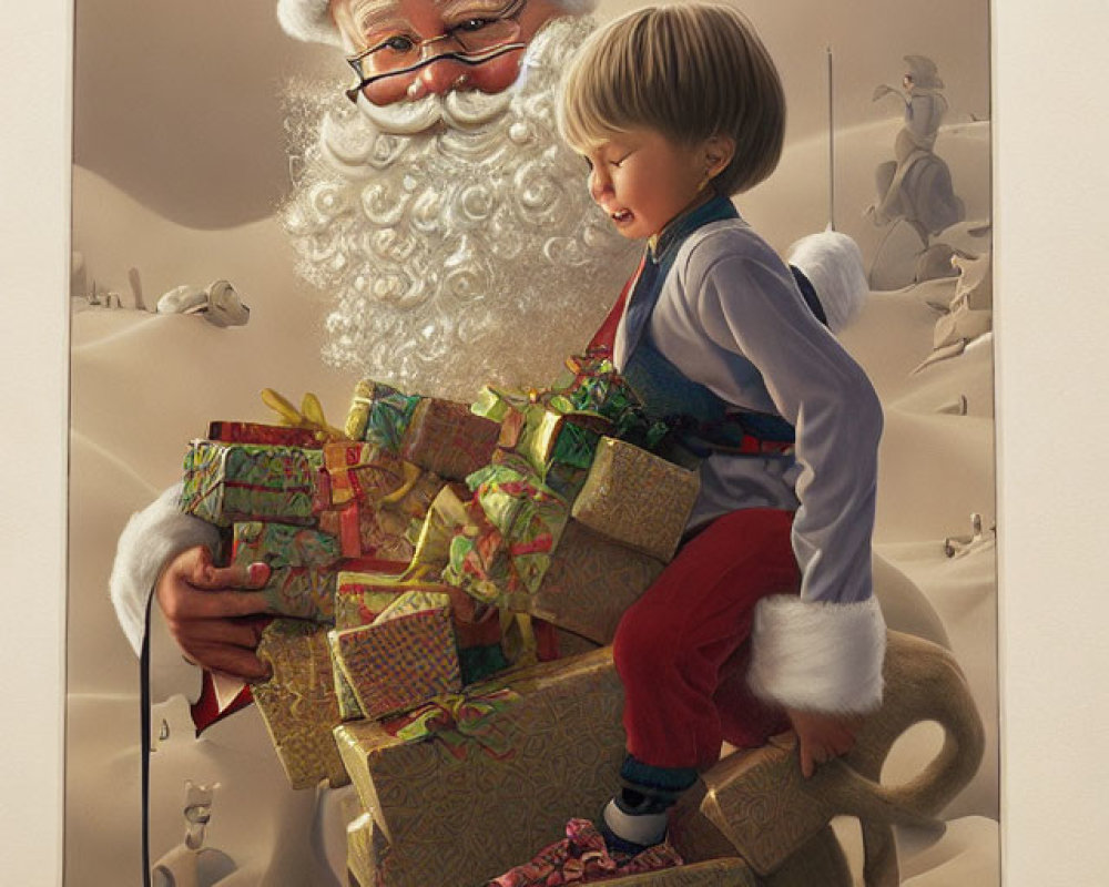 Child sitting on gifts gazes at Santa in warm holiday scene