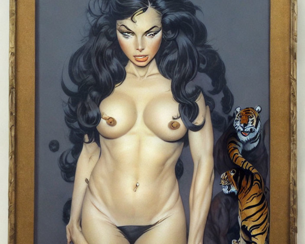 Stylized woman with dark hair and tiger on simple background